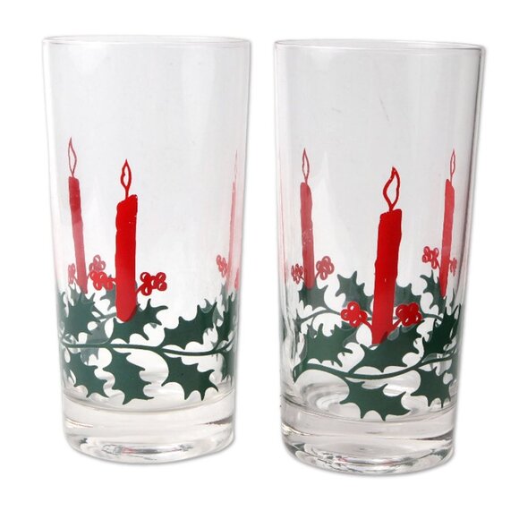 Vintage Daytons Christmas Drink Glasses Tumbler Highball Candle Holly Red Green - Picture 1 of 9